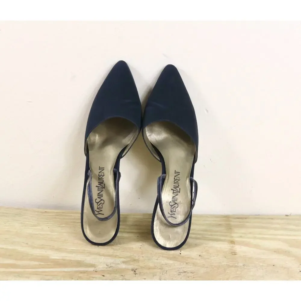 Vintage Yves Saint Laurent Shoes 8.5N YSL Black Matte Slingback Heels Slip On - Picture 4 of 9